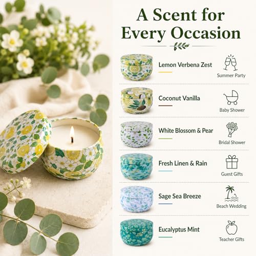 24 Pack Mini Scented Candles for Party Favors, 2.5 oz Soy Wax Tin Candle Gift Set, 6 Fresh Botanical Scents x 4 Each, Small Gifts for Bridal Shower, Baby Shower, Wedding Favors, Teachers