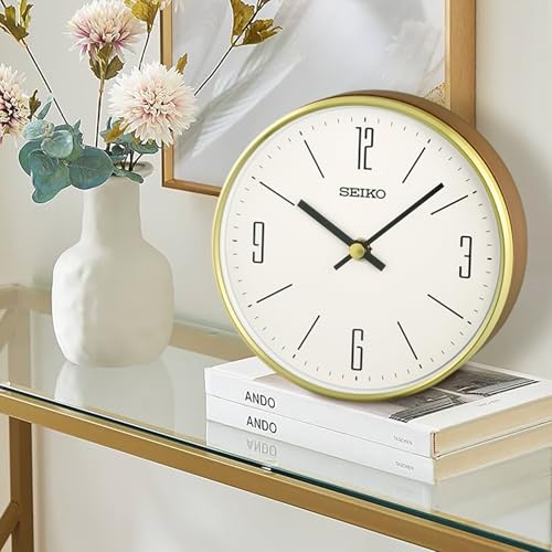 SEIKO QXG158GLH Round Wood Case Desk/Table Clock, Gold, 6 x 6 Inches