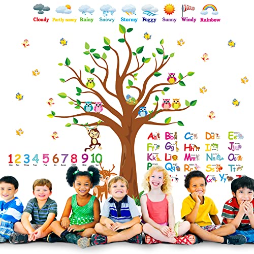 Pajean 4 Sheets Alphabet & Number Wall Decals for Kids Numbers Learning Children Educational Wall Decals ABC Weather Tree Stickers Animal Stickers for Bedroom Classroom Playroom Decor