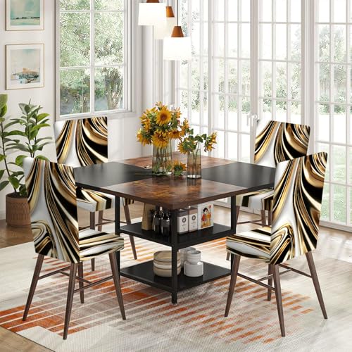 FOREVER QUEEN Black Gold Chair Covers Set of 4, Flower Design Stretch Dining Chair Slipcovers Washable Universal Seat Protectors for Kitchen, Banquet, Party
