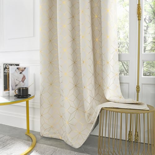 Beauoop 100% Blackout Curtains 84 Inches Long for Bedroom Living Room Moroccan Gold Patterned Drapes Thermal Insulated Grommet Top Window Treatment Panels Set of 2, Beige/Gold