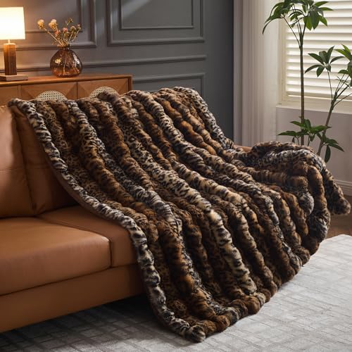 RYNGHIPY Faux Fur Blankets for Couch Bed Fluffy Warm Thick Throw Blanket for Bedroom Living Room Soft Cozy Plush Decorative Bubble Furry Blanket Cheetah Print Blanket (Leopard-Coffee, 51''x63'')