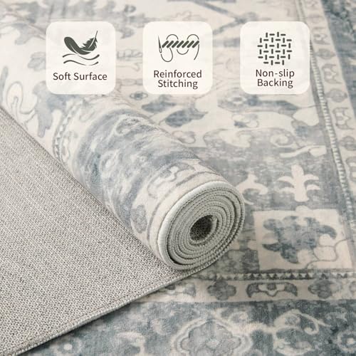 Rugxara 2x6 Washable Runner Rug, Non Slip Boho Runner Rugs for Hallway, Kitchen, Entrance, Bathroom, Laundry Room, Soft Ultra-Thin Entryway Carpet, Throw Low Pile Retro Imitation Carpet, Blue Grey