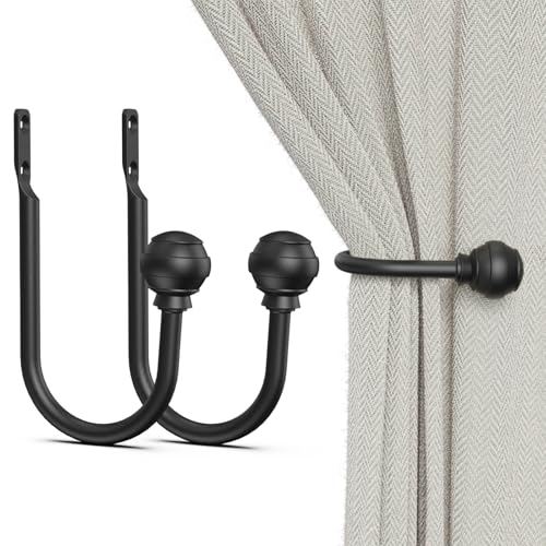 Hion Curtain Holdbacks Black 2pcs, Curtain Tiebacks Wall Mounted Curtain Hooks Holders for Drapes