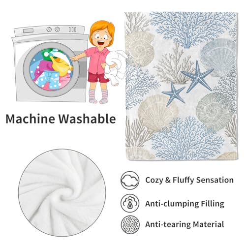 Nautical Beach Flannel Throw Blanket 50x60 Inch, Blue Beige Coral Seashell Starfish Ocean Decor, Soft Sea Fleece Blankets for Sofa Couch Bedroom, Coastal Home Decorative Gifts for Marine Lovers