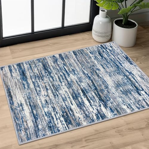SIILOOM 2x3 Modern Abstract Rug for Entryway, Navy Blue Gray Neutral Multi Super Soft Small Area Rug, Washable Slip-Resistant Kitchen Rugs, Low-Pile Mat for Bedside, Indoor Door Mat