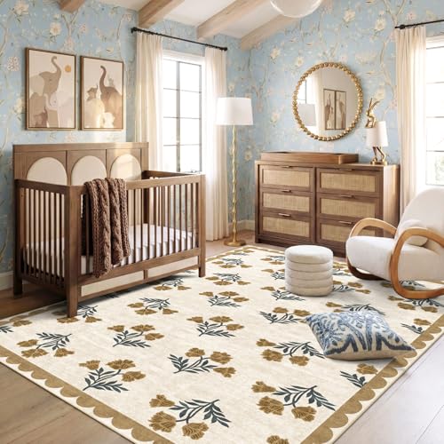 Beige 6x9 Washable Nursery Rug - Boho Floral Scalloped Farmhouse Area Rug for Living Room Stain Resistant Dining Room Rugs for Under Table Non Slip Soft Carpet Rugs for Bedroom Foyer Decor