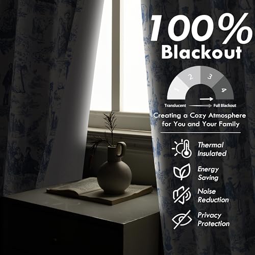 DriftAway 100% Blackout Toile Linen Curtains for Bedroom Double Layer Farmhouse French Country Vintage Printed Pattern Thermal Sound Lined Back Tab Living Room Drapes 84 inch Length 2 Panels Navy