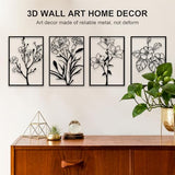 ZNZAPO 4 Pcs Black Metal Flower Wall Art, Abstract Line Art Wall Decor, Minimalist Floral Wall Hanging Art, 3d Wall Art Sculptures Decor for Living Room Bedroom Bathroom (11 × 15.7”)