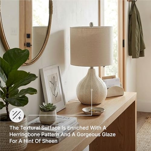 Signature Design by Ashley Rainermen Casual Ceramic Table Lamp, Transparent White Glaze Finish, Drum Hardback Fabric Shade, 11" W x 11" D x 21" H, Off White