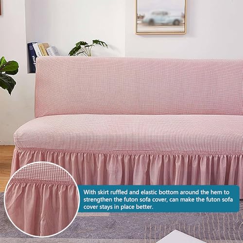 Futon Cover with Ruffled Skirt, Futon Couch Cover Without Arms, Futon Slipcover No Arms, Folding Sofa Bed Armless Covers Washable, for Living Room (Beige,Large)