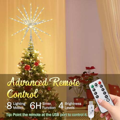15 Inch Christmas Tree Star Topper with 150 LED Timer Lights & Remote, 19-Point USB Powered Lighted Silver Starburst Star Tree Topper for Indoor Holiday Party Xmas Tree Decor