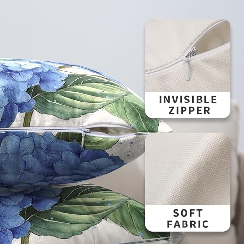 Blue Hydrangea Pillow Covers 18x18 Set of 2 Spring Summer Decorative Pillow Covers Flower Throw Pillow Case Square Cotton Linen Cushion Case for Outdoor Living Room Couch Sofa