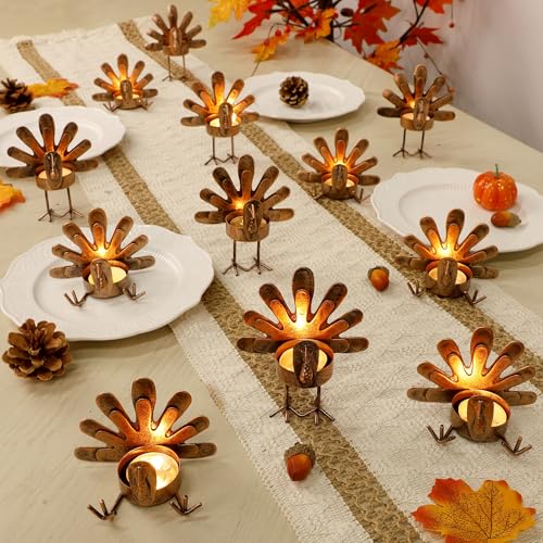 FORUP Metal Turkey Candle Holders, Set of 12 Thanksgiving Home Decor with Tea Light Candles