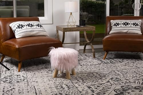 BIRDROCK HOME Small Faux Fur Foot Stool Ottoman – Upholstered Vanity Chair with Natural Wood Legs - Soft Compact Padded Seat or Accent Chair for Makeup Room, Living Room or Bedroom (Pink)