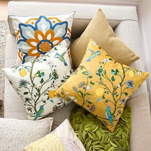Mustard Yellow Floral Pillow Covers 18x18 Set of 2, Velvet Wild Flower Plant Throw Pillows Case, Square Farmhouse Decor Cushion Covers for Home Sofa Bed Couch