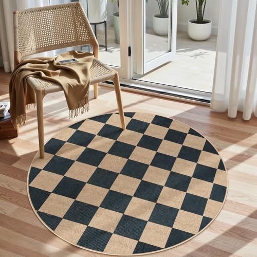 Lahome Checkered Easy Jute 4ft Round Outdoor Rug, Washable Small Rugs Black