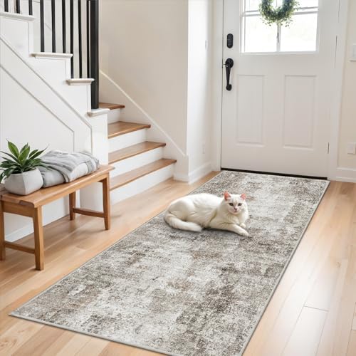 3x7 Washable Non-Slip Kitchen Runner Rug – Modern Abstract Neutral Beige & Gray Carpet for Hallway, Entryway, Bedroom, Laundry Room – Low-Pile Thin Wide Floor Runner with Rubber Backing