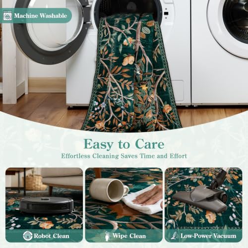 Boho Floral Rug Runners for Hallways Non Slip, Flower 2.5x8 Kitchen Runner Rug Washable, Soft Botanical Indoor Carpet Floor Runner for Entrance Bedroom Bedside, Dark Green