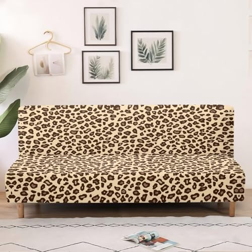 Futon Cover with Elastic Bottom Armless Sofa Covers Non Slip Washable Couch Slipcover Scratch-Resistant Futon Sofa Slipcover for Dogs Cats, Leopard Print Beige