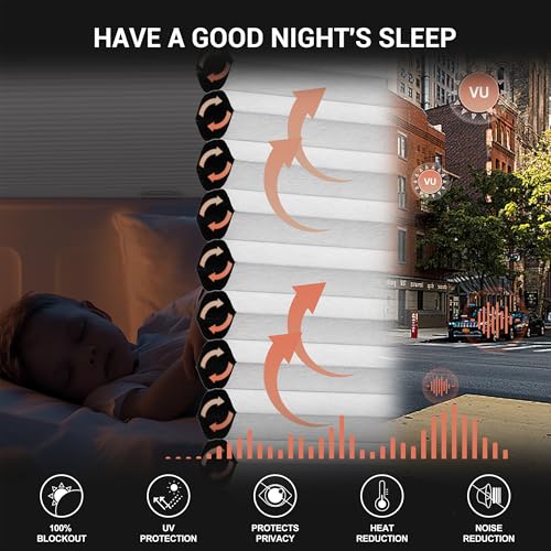 No Drill No Tools Blackout Cellular Shades Cordless Easy Install Honeycomb Blinds Thermal Insulated Noise Reduction Blinds for Indoor Windows,Blackout-White,34.5" W x 64" H