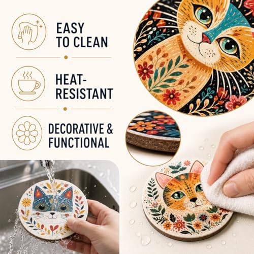 6pcs Vibrant Cat Coasters - 3.93" Floral & Leaf Patterns, Heat-Resistant Plastic Cup Coasters for Home, Bar, Office Use - Hand Washable Cat Decor Accessories