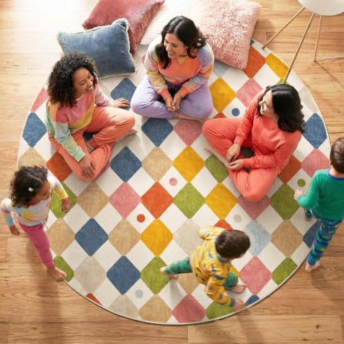jinchan 7ft Kids Round Rug Washable Classroom Rug Colorful Checkered Mat
