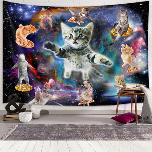 Viajar Cat Tapestry, Fantasy Universe Galaxy Space Funny Cool Cat Tapestry for Boys Kids, Starry Sky Nebula Galaxy Wall Decor Hilarious Cool Tapestries 60X40 Inch for Bedroom Living Room Dorm Room
