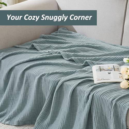 EMME Cotton Muslin Large Throw Blanket 4-Layer Couch Breathable Gauze Soft Lightweight Bed Blankets Adults Two-Tone Weave Design, Pre-Washed Softer Touch (Heather Teal, 50"x70")