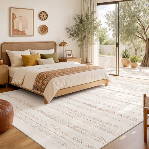 Nakagishi Area Rug Living Room Rugs: 5x7 Large Soft Machine Washable Boho Moroccan FarmNeutral Stain Resistant Indoor Floor Carpet for Bedroom Under Dining Table Home Office Decor-Cream Brown