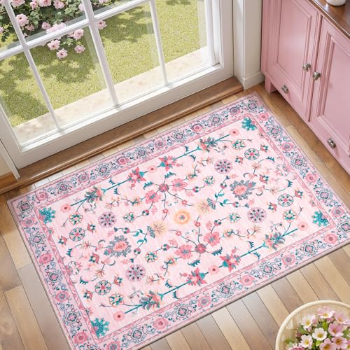 Tangsoo Pink Floral Small Rug for Entryway,2x3 Washable Entry Rug Non Slip