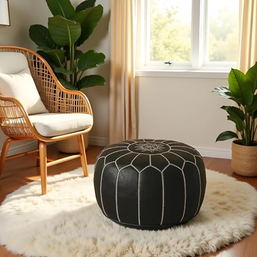 Stuffed Round Design Moroccan Leather Pouf Ottoman, Handmade, Pre-Filled, 100% Genuine Leather, 13” Height x 20” Diameter, Footstool & Living Room Décor (Black with White Stitches)