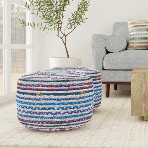 SIMPLIHOME Margo Round Pouf 20 in Wide Handwoven Jute and Cotton Braided Ottoman in Multi-Blue, Boho-Style Footstool or Extra Seating for Living Room with Polystyrene Bead Filling, Assembled