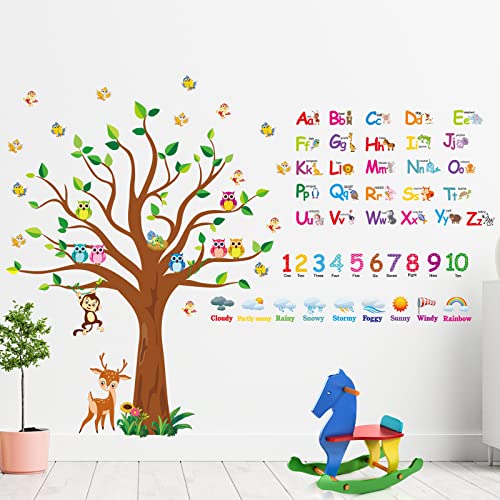 Pajean 4 Sheets Alphabet & Number Wall Decals for Kids Numbers Learning Children Educational Wall Decals ABC Weather Tree Stickers Animal Stickers for Bedroom Classroom Playroom Decor