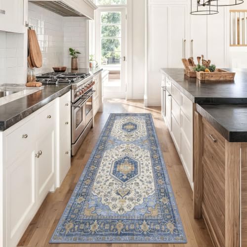 Vintage Washable Runner Rug, 2.6x8 Runners For Hallways Blue Brown