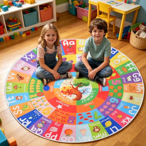 ABC Round Kids Rug for Playroom, 4ft Educational Kids Rug with Number Shape Animal Season, Non-Slip Alphabet Small Classroom Rugs, Learning Area Rugs Washable for Classroom Playroom Nursery Bedroom