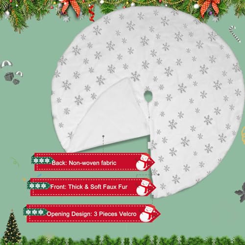 Christmas Tree Skirt, 48 Inch White Luxury Faux Fur & Silver Sequin Snowflakes, 4ft Xmas Tree Skirt for Holiday Tree Ornaments Christmas Party Home Decorations