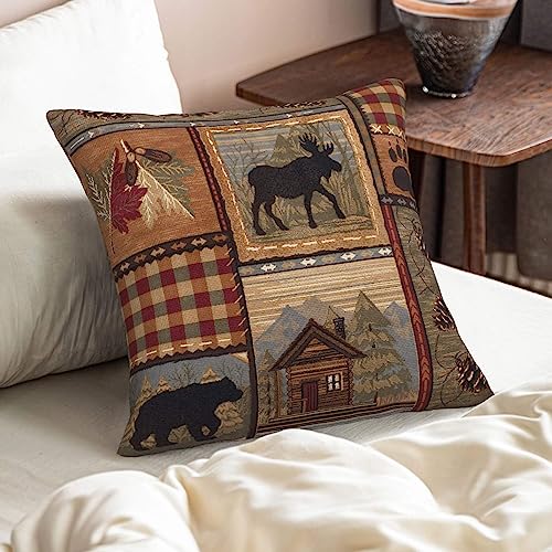 Set of 2 Square 18x18 inch Retro Brown Throw Pillow Covers Rustic Lodge Bear Moose Decorative Throw Pillowcase for Home Sofa Thick Cotton Linen Cushion Cases (45x45 cm) Paw Prints Cabin