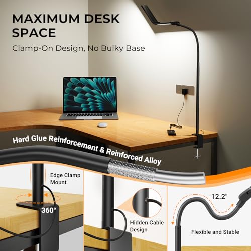 LED Desk Lamps for Home Office,Smart Adjustable Swing Arm Desk Lamp with Clamp,Gooseneck Tall Clip on Desk Light for Sewing,Reading,Drawing,Workbench,Study,Screen,Crafting,Monitor Architect,Computer