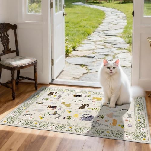 Small 2x3 Area Rugs for Entryway: Washable Kitchen Runner Rug Non Slip Soft Low Pile Animal Cat Carpet Rugs with Rubber Backing Waterproof Door Mats for Indoor Bathroom Bedroom Kids Room (2x3, Beige)