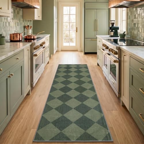 GarveeHome Checkered Rug Runners Hallway 2x6 Olive Green Kitchen Runner