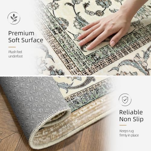 5x7 Washable Area Rug, Non Slip Living Room Rugs Distressed Boho Floral Rug, Soft Low Pile Indoor Carpet for Bedroom, Dining Room, Home Office, Cream Blue