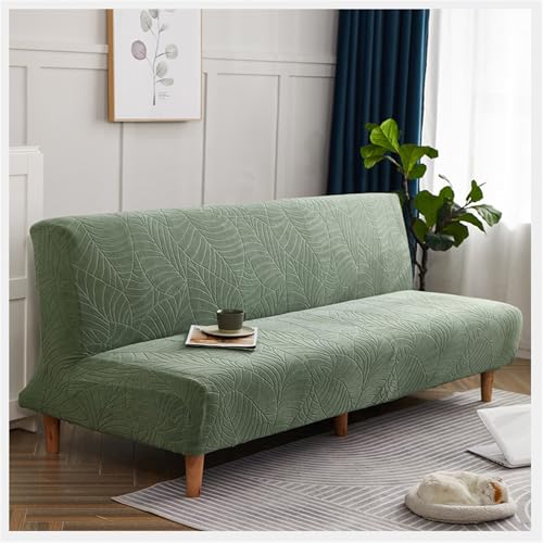 Armless Futon Cover Full Size, Waterproof Futon Couch Slipcovers, Stretch Jacquard Sofa Bed Cover, Furniture Protector with Elastic Bottom (Green 1,Medium(62-75in))