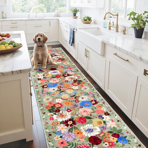 Floral Hallway Runner 2x10 Green Carpet Kitchen Rug