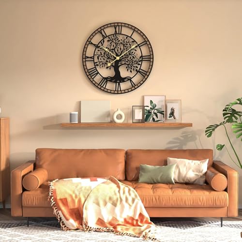 Micasso Battery Operated Wall Clock: 30 Inch Farmhouse Tree of Life Metal with Wood Frame - Rustic Bold Roman Numerals Wall Clocks for Home Office/Living Room/Bedroom - Home Decor for Housewife