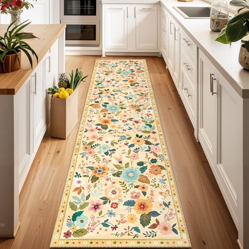 Floral Washable 2x6 Area Rugs Runner Entryway Hallway Yellow/Orange