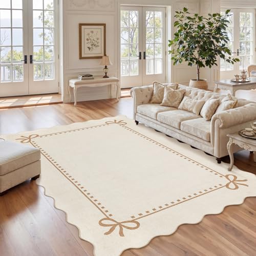 Garvee Scalloped Bow Rug for Living Room Washable Solid Beige 6x9 Area Rugs