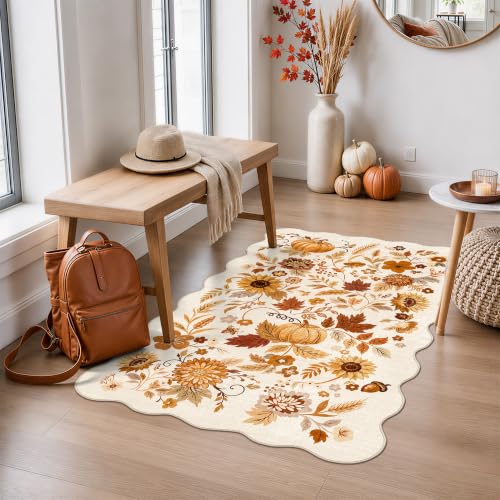 Fall Floral 3X4 Entry Rug: Throw Autumn Pumpkin Holiday Doormat Beige-Gold