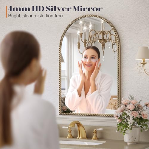 Beaded Mirror Gold Arched, 24"x36" Champagne Bronze Mirror for Bathroom, Antique Brass Beaded Mirrors with Metal Frame- Arch Vanity Wall Mirrors for Bedroom,Fireplace,Over Sink,Entryway
