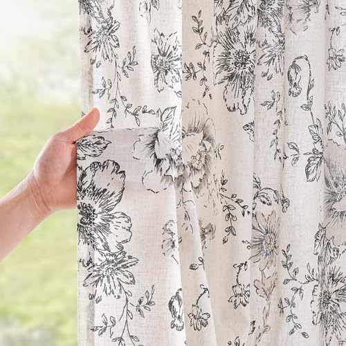 jinchan Floral Curtains for Living Room 84 Inch Length Farmhouse Printed Curtain Rod Pocket Back Tab Black Peony Flower Patterned Drapes Bedroom Window Curtains Set 2 Panels 25% Linen 75% Polyester